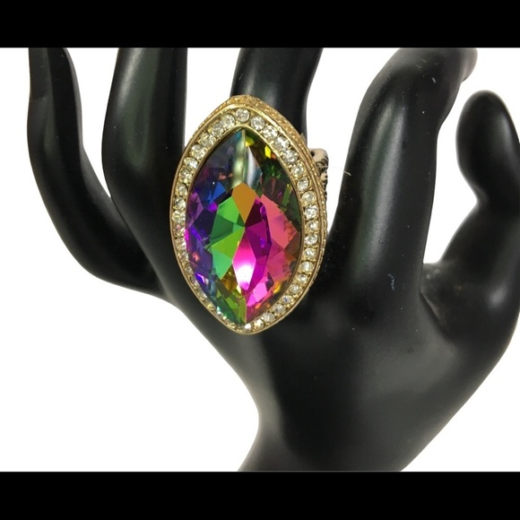 LARGE cocktail ring multi colored iridescent stone &  rhinestones - Picture 6 of 7